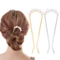 Pearl U-shaped hair fork pin bun holder golden silver hair accessories for women styling tool - U-Shaped Twin-Prong Pearl Gold Silver Set (1132-11) / 2 Pcs/Set