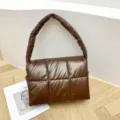 Brown puffer shoulder bag for women, trendy quilted nylon underarm handbag with wide strap. - Coffee
