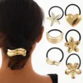 Gold metal hair ties set, exquisite exaggerated design hair accessories for women and girls style. - Starfish Heart Artistic Style (Set 17) / Set of 6 / Gold