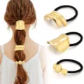 Close-up details of metallic gold hair ties and cuffs, perfect for stylish ponytail styling. - Curved Geometric Style (Set 14) / Set of 3 / Gold