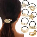 Gold metal hair ties set, geometric starfish flower ponytail holder hair accessories for women - Fashion Alloy Hair Accessory Set (Set 16) / Set of 8 / Gold