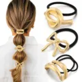 Gold metal hair ties set featuring elegant knot and bow designs for stylish high ponytails. - Three-Dimensional Bow Double Ring Style (Set 21) / Set of 3 / Gold