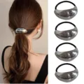 Silver metal hair tie for women, minimalist curved ponytail holder and elastic band hair accessory. - Glossy Curved Set (Set 24) / Set of 4 / Silver