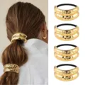 Gold metal curved hair tie detail, elegant ponytail holder accessory for women daily wear. - Curved Tubular Hair Ties (Set 45) / Set of 4 / Gold