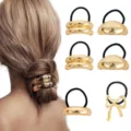 Gold metallic hair ties set for women, elegant bow and geometric ponytail holders stylish. - Multi-style Combo (Set 49) / Set of 6 / Gold