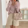 Metallic ruched cloud handbag, stylish hobo shoulder bag with pleated handle in shiny finish. - Rose Gold