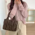 Korean style soft ruched cloud handbag for women, versatile brown shoulder tote bag. - Coffee