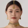 Boho gold coin choker necklace earrings and maang tikka set for women fashion jewelry. - White