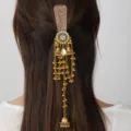 Detailed view of ethnic retro long tassel hair clip, exquisite rhinestones and golden chains. - 1