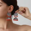 Indian ethnic bohemian carved long tassel earrings with red beads and gemstones for women. - Red