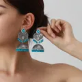 Ethnic boho antique silver carved long blue gemstone tassel jhumka earrings for women. - Blue