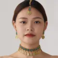 Bohemian ethnic style gold coin choker necklace earrings forehead pendant jewelry set detail. - Green