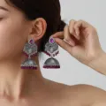 Exquisite bohemian carved long tassel earrings with purple gemstones and beads for women detail. - Purple