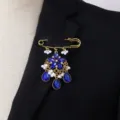 Vintage blue crystal rhinestone safety pin brooch for women elegant retro fashion jewelry gift - Blue