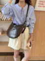 Stylish soft leather crossbody dumpling bag for women, casual slouchy hobo shoulder handbag. - Coffee