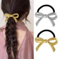 Metal bow hair tie elastic hair rope gold and silver two color variant options for women. - Bowknot (Set 50) / 2 Pcs/Set / Gold/Silver