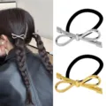 Metal bow hair tie elastic rope high ponytail fashion hair accessories for women girls - Bowknot (Set 51) / 2 Pcs/Set / Silver/Gold
