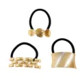 Gold metal hair ties set, stylish ponytail holders and elastic hair bands for women daily use. - Shell/Square/Twill Arc Combo (Set 53) / Set of 3 / Gold