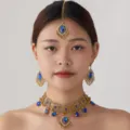 Ethnic gold choker necklace earrings headpiece set with blue rhinestones for women - Blue