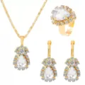 Elegant gold crystal jewelry set necklace earrings and ring for women wedding party. - White