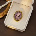 Vintage court style cameo brooch, elegant purple relief lady portrait in gold ornate frame. - Style 9