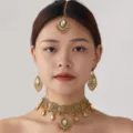 Ethnic crystal choker necklace earrings and headpiece set, vintage gold tone jewelry for women. - Champagne
