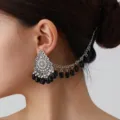 Bohemian vintage ethnic silver tone long ear chain tassel earrings for women fashion jewelry - Black
