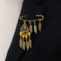 Bohemian retro gold feather brooch pin elegant alloy tassel jewelry detail shot for women - Yellow