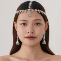Ethnic silver-tone head chain and dangling jhumka earrings set, vintage bohemian jewelry style. - White