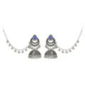 Bohemian vintage ασημί μεταλλικά σκουλαρίκια jhumka με κρεμαστή αλυσίδα αυτιού και μπλε πέτρα. - Μπλε