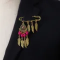 Vintage gold safety pin brooch with feathers and red beads bohemian style fashion jewelry - Rose Red