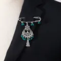 Vintage Bohemian tassel brooch, elegant alloy rhinestone metal pin for women apparel. - Green