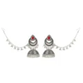 Βοημικά vintage ασημένια σκουλαρίκια jhumka με κόκκινες πέτρες και αλυσίδες. - Κόκκινο