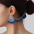 Bohemian vintage ethnic tassel chain earrings for women statement blue bead ear cuff jewelry - Blue
