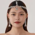 Ethnic silver forehead chain earrings set boho vintage hair jewelry for women detail view - Red