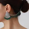 Bohemian vintage ethnic style turquoise drop earrings and hair chain set for women detail view. - Green