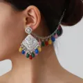 Ethnic hollow carved ear cuff with colorful beaded tassels, vintage silver detail view. - Multicolor Silver