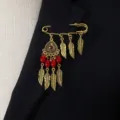 Vintage boho feather safety pin brooch, antique gold statement lapel pin for women. - Red