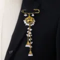 South Asian ethnic rhinestone tassel brooch vintage long gold tone suit pin for women - Yellow