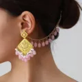 Ethnic carved hollow tassel earrings with chain for women vintage golden drop jewelry - Gold Pink