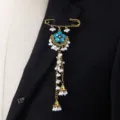 Exquisite vintage rhinestone tassel safety pin brooch for women, elegant ethnic style jewelry. - Sky Blue