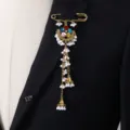 Vintage long tassel brooch with colorful rhinestones and pearls. Elegant ethnic safety pin jewelry for women. - Colorful
