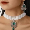 Exquisite retro multi-layer pearl choker green rhinestone pendant earrings set - Green