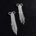 Silver rhinestone bow tassel earrings sparkle crystal long drop earrings for women party - Style 1