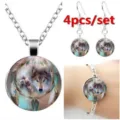 Detail view of the wolf dreamcatcher glass cabochon jewelry set necklace bracelet earrings - Silver Gray