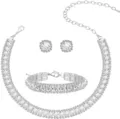 Close-up details of shiny rhinestone jewelry set, crystal necklace, bracelet and earrings. - Silver