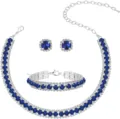 Detailed view of stunning blue crystal rhinestone necklace bracelet and matching earrings set. - Blue