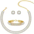 Detailed view of the sparkling rhinestone gold necklace, bracelet and earrings jewelry set. - Gold