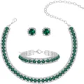 Close-up details of the elegant dark green rhinestone necklace bracelet earrings set. - Green