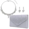 Luxury rhinestone evening bag necklace and earrings set for women party banquet accessories. - White